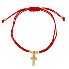Deliate rainbow cz life tree cross charm red rope bracelet