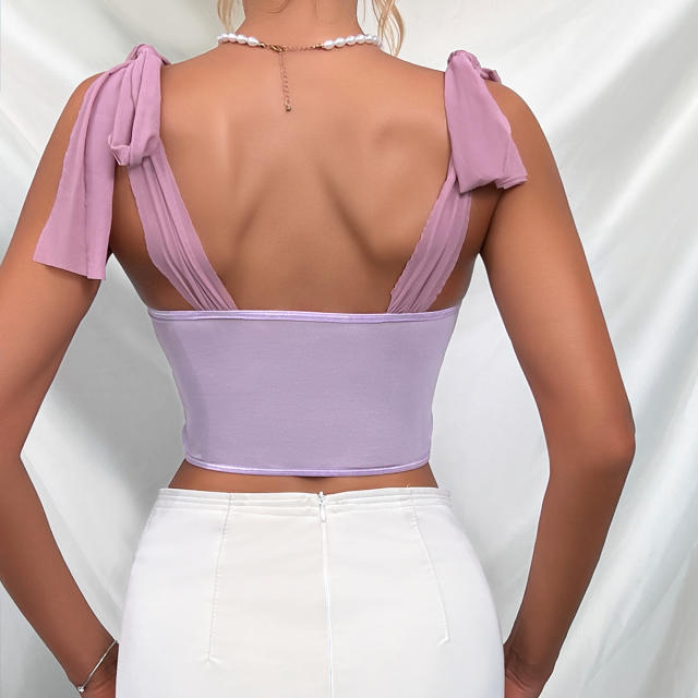 Purple color sexy lace ribbon strap corset tops for women
