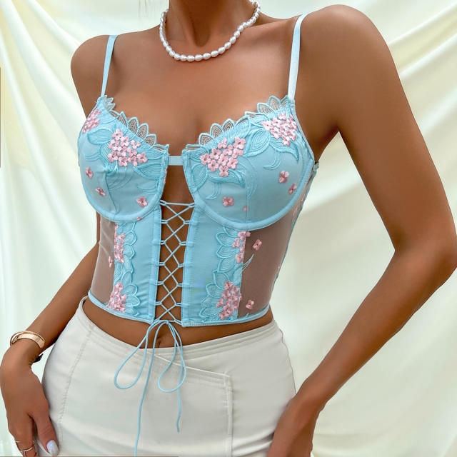 Vintage blue color flower embroidery camisole corset tops