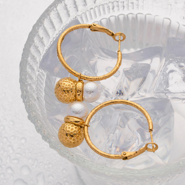 18KG vintage pearl charm stainless steel hoop earrings