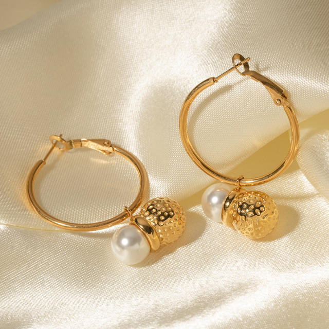 18KG vintage pearl charm stainless steel hoop earrings