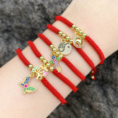 Deliate rainbow cz life tree cross charm red rope bracelet