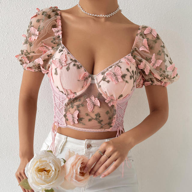 Sexy mesh Embroidered flowers colorful puff sleeve cropped corset tops