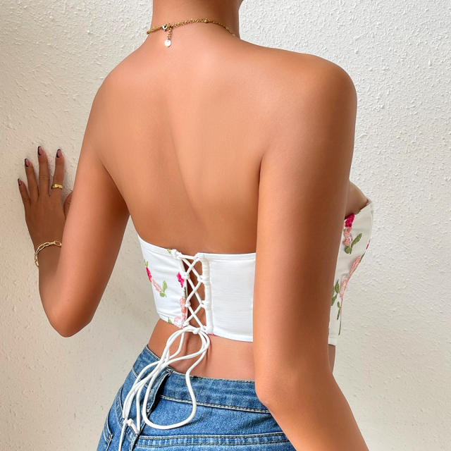 Sexy embroidery flower off shoulder corset tops