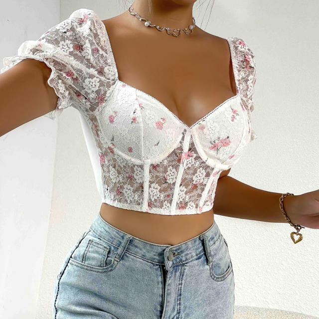 Hot sale sexy white lace puff sleeve corset tops