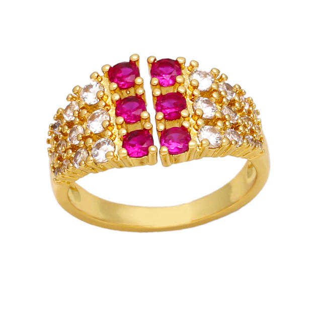 Delicate color cubic zircon three row gold plated copper finger rings