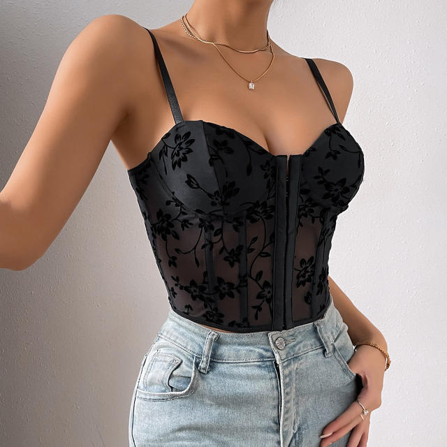 Y2K black color flower embroidery camisole corset tops