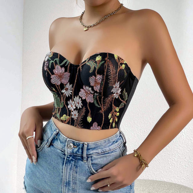Sexy black color flower embroidery off shoulder corset tops