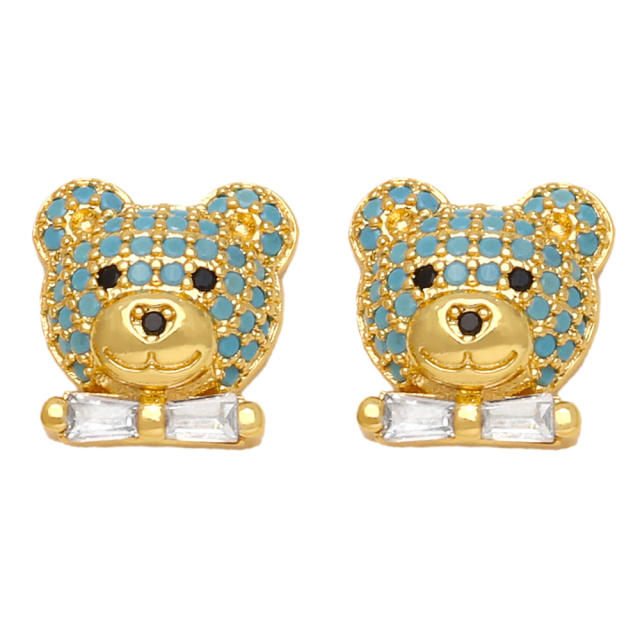 Cute bear full color cubic zircon gold plated copper earrings