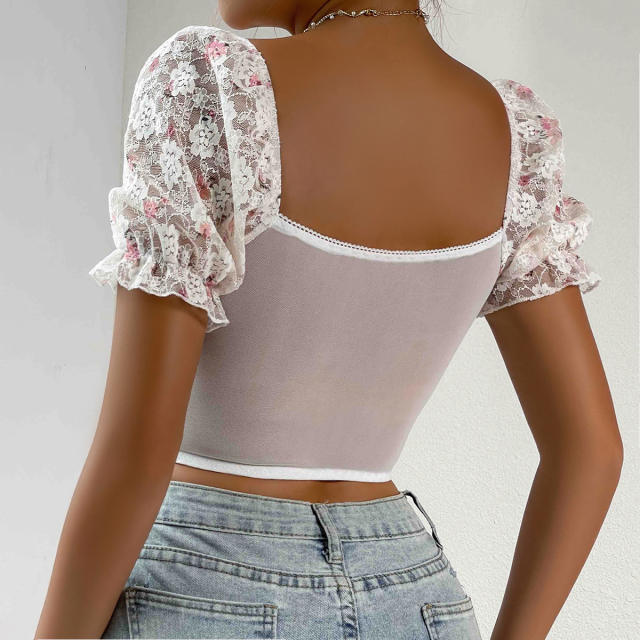 Hot sale sexy white lace puff sleeve corset tops