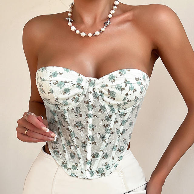 Y2K Embroidered flowers mesh material off shoulder corset tops for women