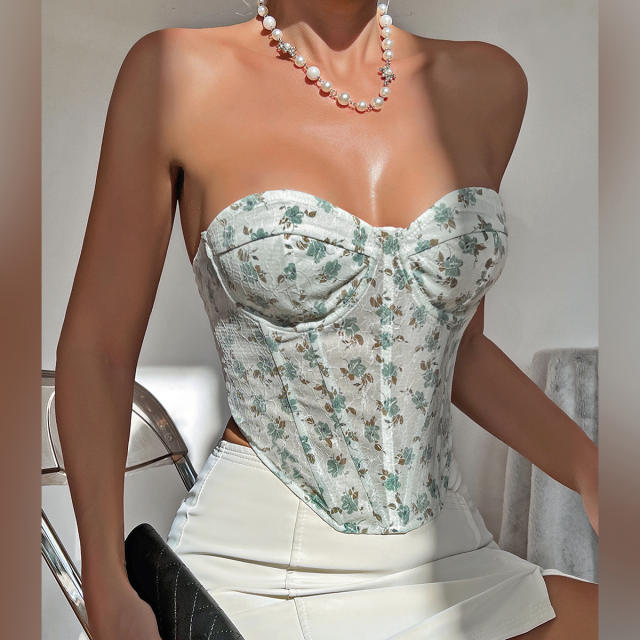 Y2K Embroidered flowers mesh material off shoulder corset tops for women