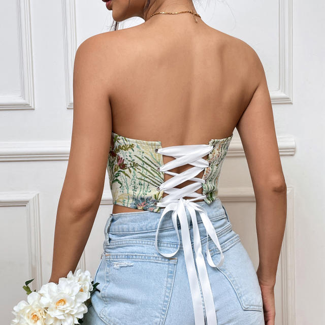 Vintage off shoulder backside strappy corset tops