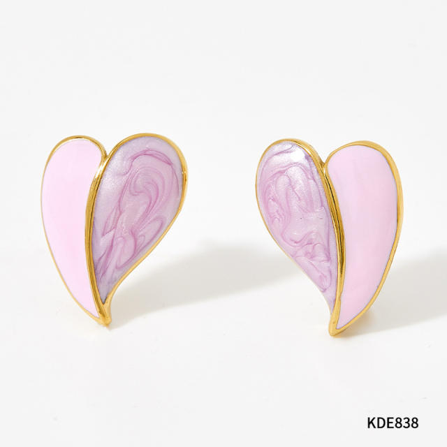 Sweet pink yellow color enamel heart shape stainless steel studs earrings
