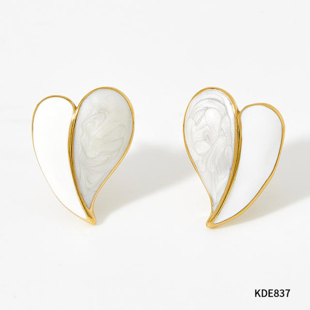 Sweet pink yellow color enamel heart shape stainless steel studs earrings