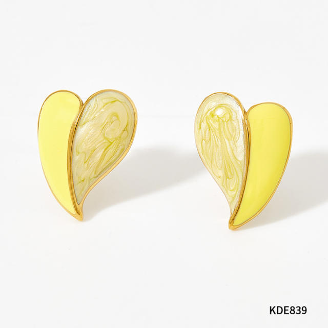 Sweet pink yellow color enamel heart shape stainless steel studs earrings
