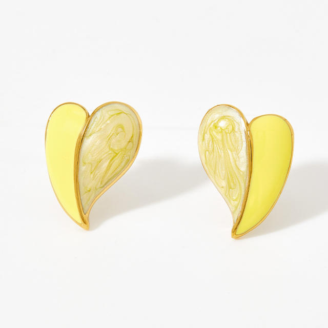 Sweet pink yellow color enamel heart shape stainless steel studs earrings