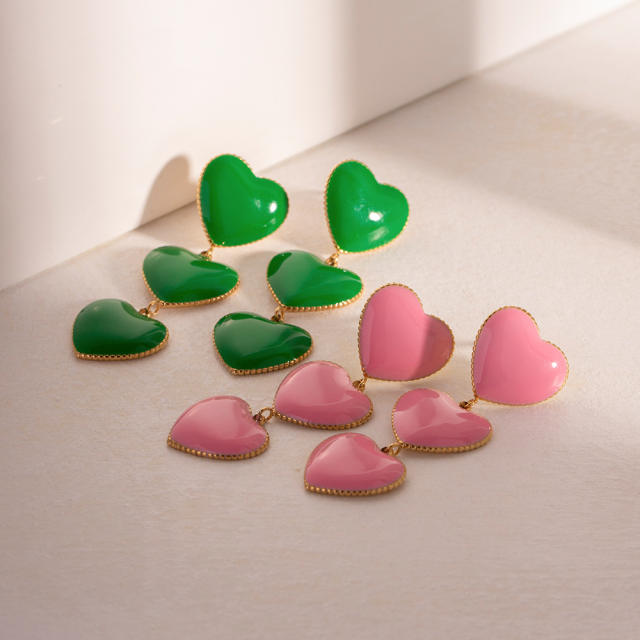Fresh pink green color enamel heart dangle stainless steel earrings