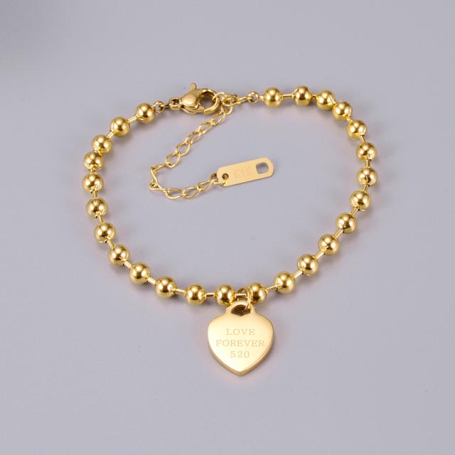 18K gold plated ball bead dog tag heart charm stainless steel bracelet