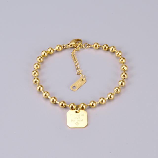 18K gold plated ball bead dog tag heart charm stainless steel bracelet