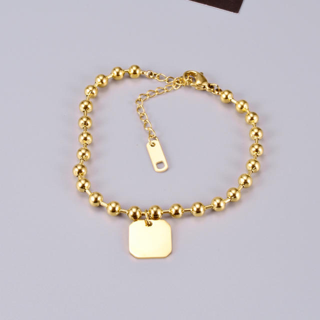 18K gold plated ball bead dog tag heart charm stainless steel bracelet