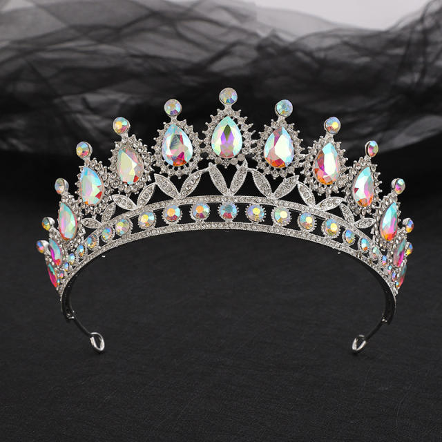 Baroque silver metal colorful glass crystal wedding hari crown