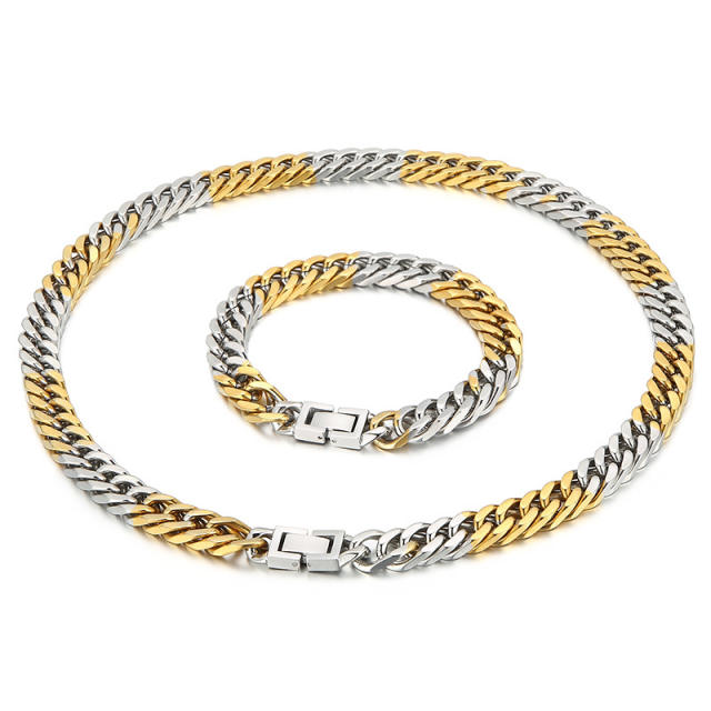 Chunky two tone cuban link chain stainless steel chain necklace bracelet for men