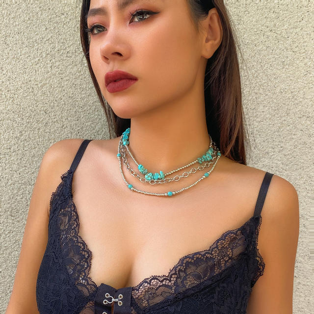 Boho turquoise stone bead layer women necklace