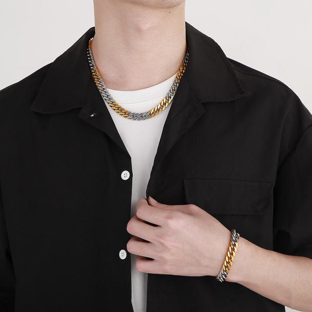 Chunky two tone cuban link chain stainless steel chain necklace bracelet for men