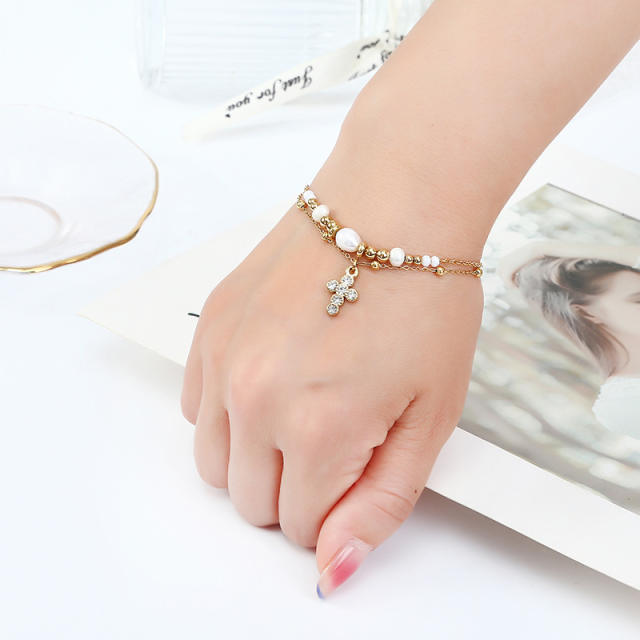 Delicate diamond cross charm pearl bead two layer stainless steel bracelet