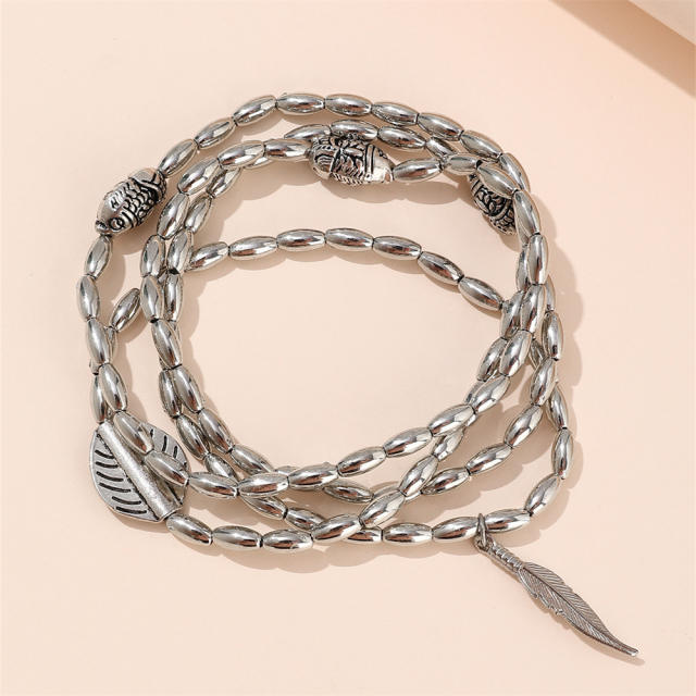 Hot sale silver color bead leaf charm layer anklet
