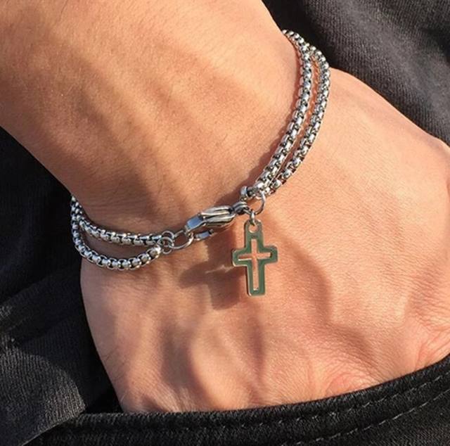 Personality hollow cross charm two layer stainless steel chain bracelet for men