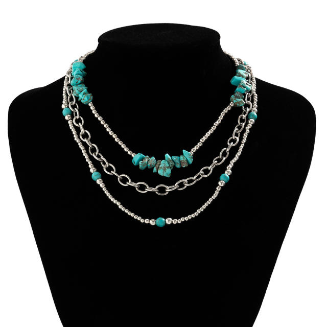 Boho turquoise stone bead layer women necklace