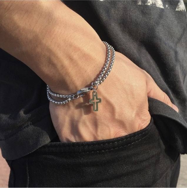 Personality hollow cross charm two layer stainless steel chain bracelet for men