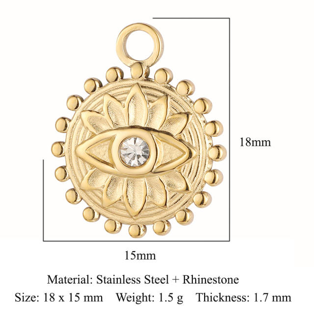 DIY stainless steel diamond evil eye coin heart shape stainless steel necklace charm pendant 3pcs/pack