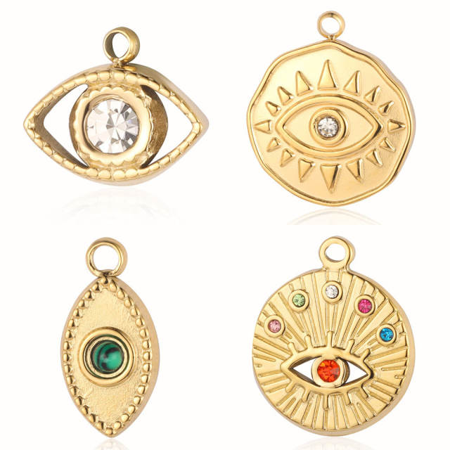 DIY stainless steel diamond evil eye coin heart shape stainless steel necklace charm pendant 3pcs/pack