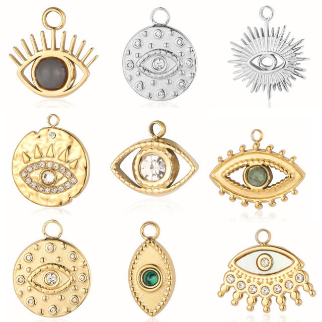 DIY stainless steel diamond evil eye coin heart shape stainless steel necklace charm pendant 3pcs/pack