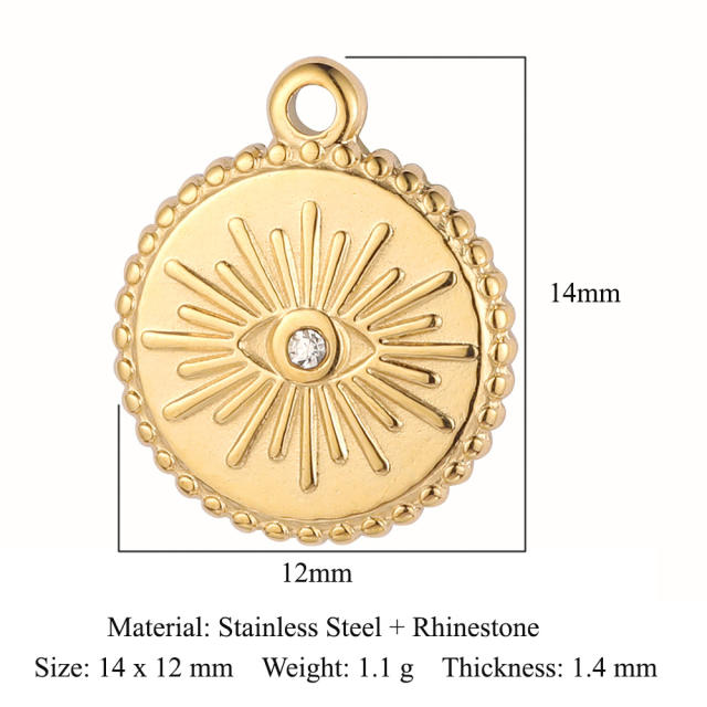 DIY stainless steel diamond evil eye coin heart shape stainless steel necklace charm pendant 3pcs/pack
