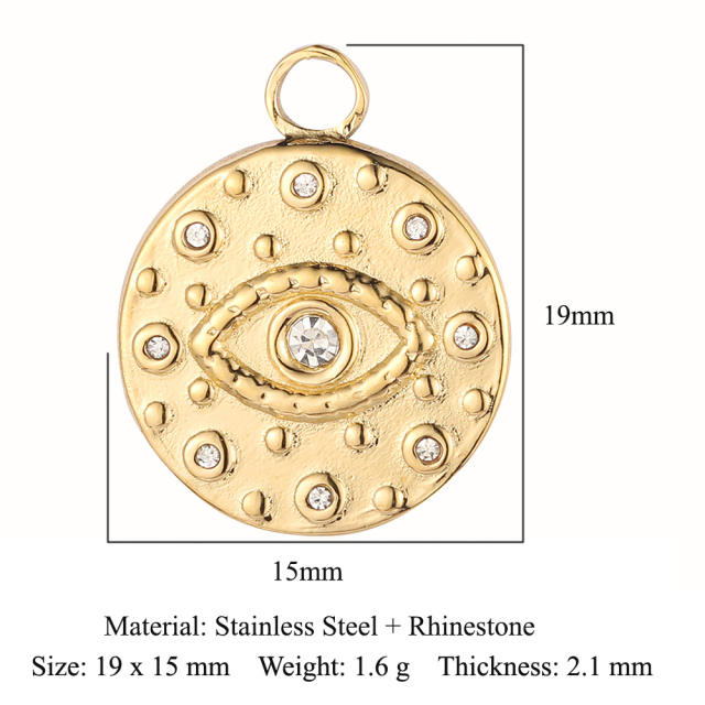 DIY stainless steel diamond evil eye coin heart shape stainless steel necklace charm pendant 3pcs/pack