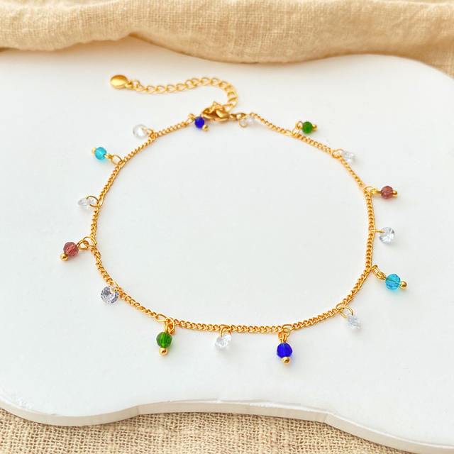 Boho colorful tiny crystal bead charm tassel gold plated copper thin anklet