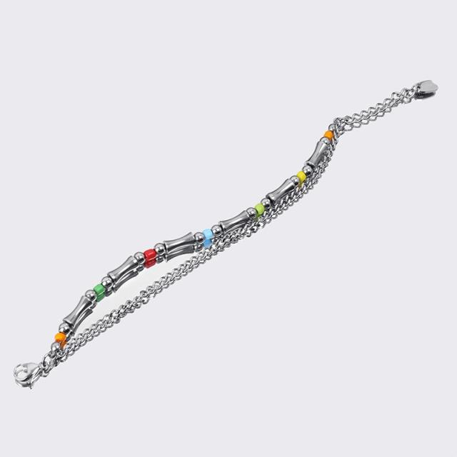 Popular colorful seed bead two layer bamboo stainless steel bracelet for men