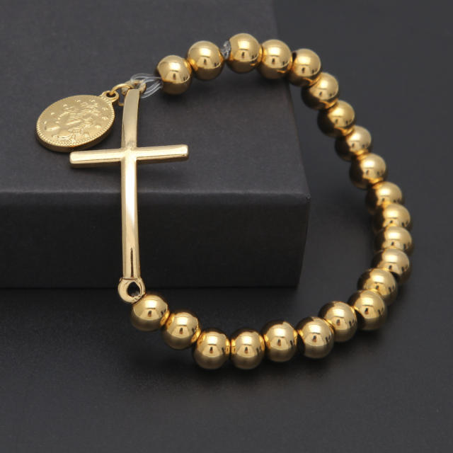 HIPHOP side crosss stainless steel bead elastic bracelet for men
