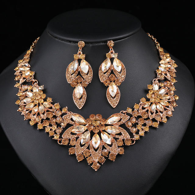 Luxury champagne gold glass crystal statement prom necklace set