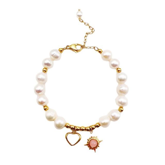 INS sweet sun heart charm pearl bead stainless steel bracelet