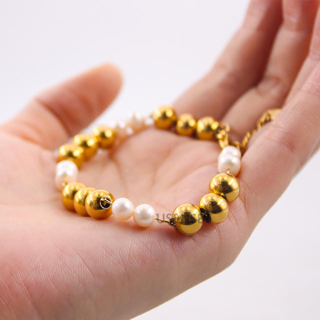 18K gold plated ball bead pearl bead stainless steel bracelet