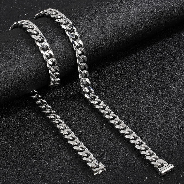 10mm HIPHOP cuban link chain bracelet necklace stainless steel necklace set for men