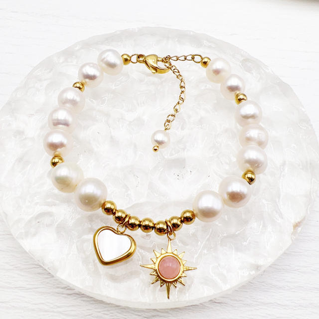INS sweet sun heart charm pearl bead stainless steel bracelet