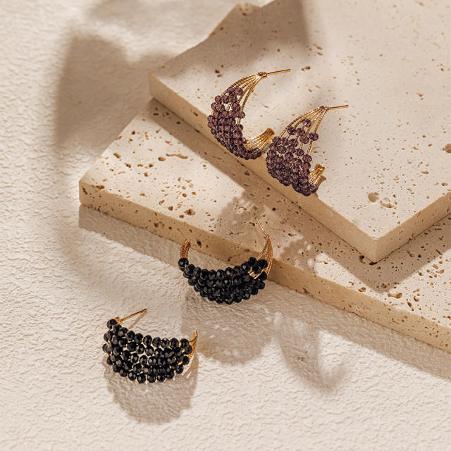 925 needle dark purple black crystal bead earrings