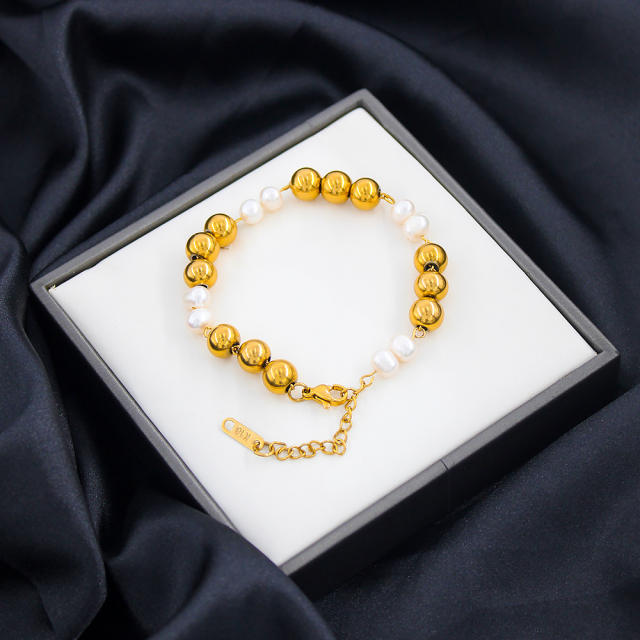 18K gold plated ball bead pearl bead stainless steel bracelet