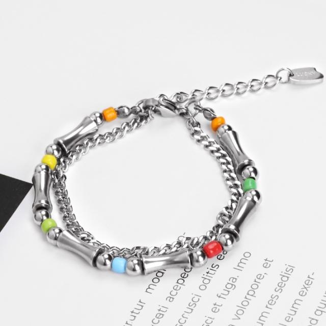 Popular colorful seed bead two layer bamboo stainless steel bracelet for men